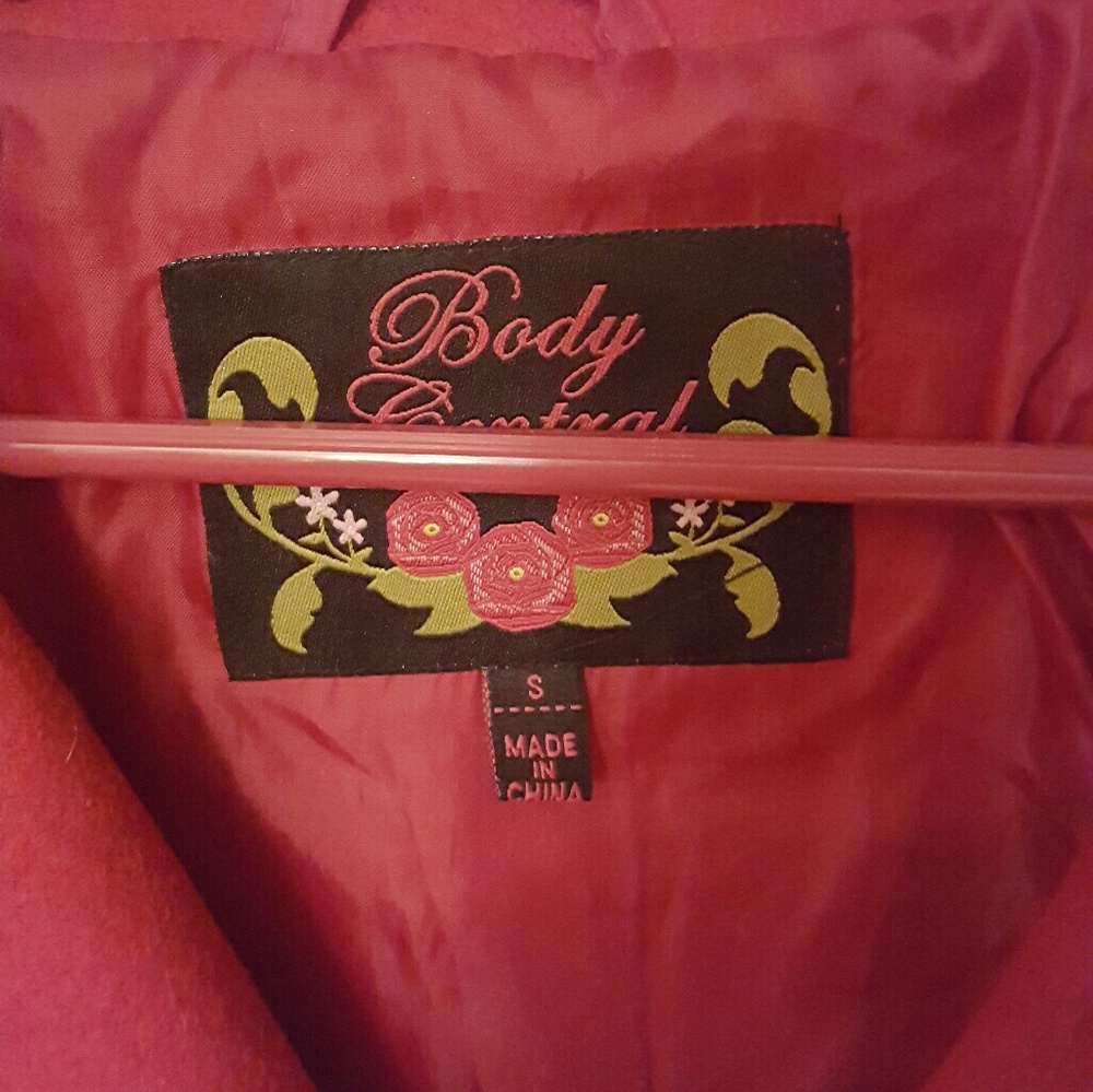 Red pea coat in good condition.